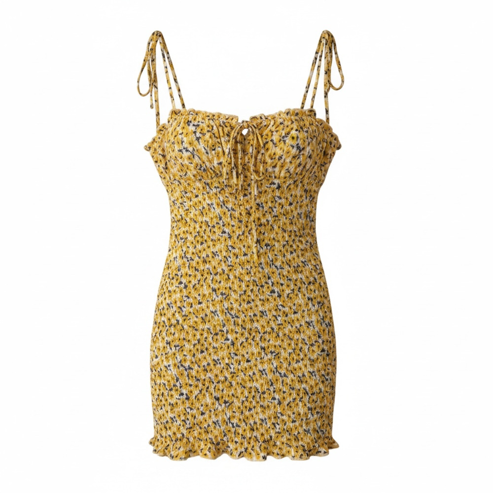 O.Vianca Women's Yellow Floral Print Smocked Spaghetti Strap Mini Dress
